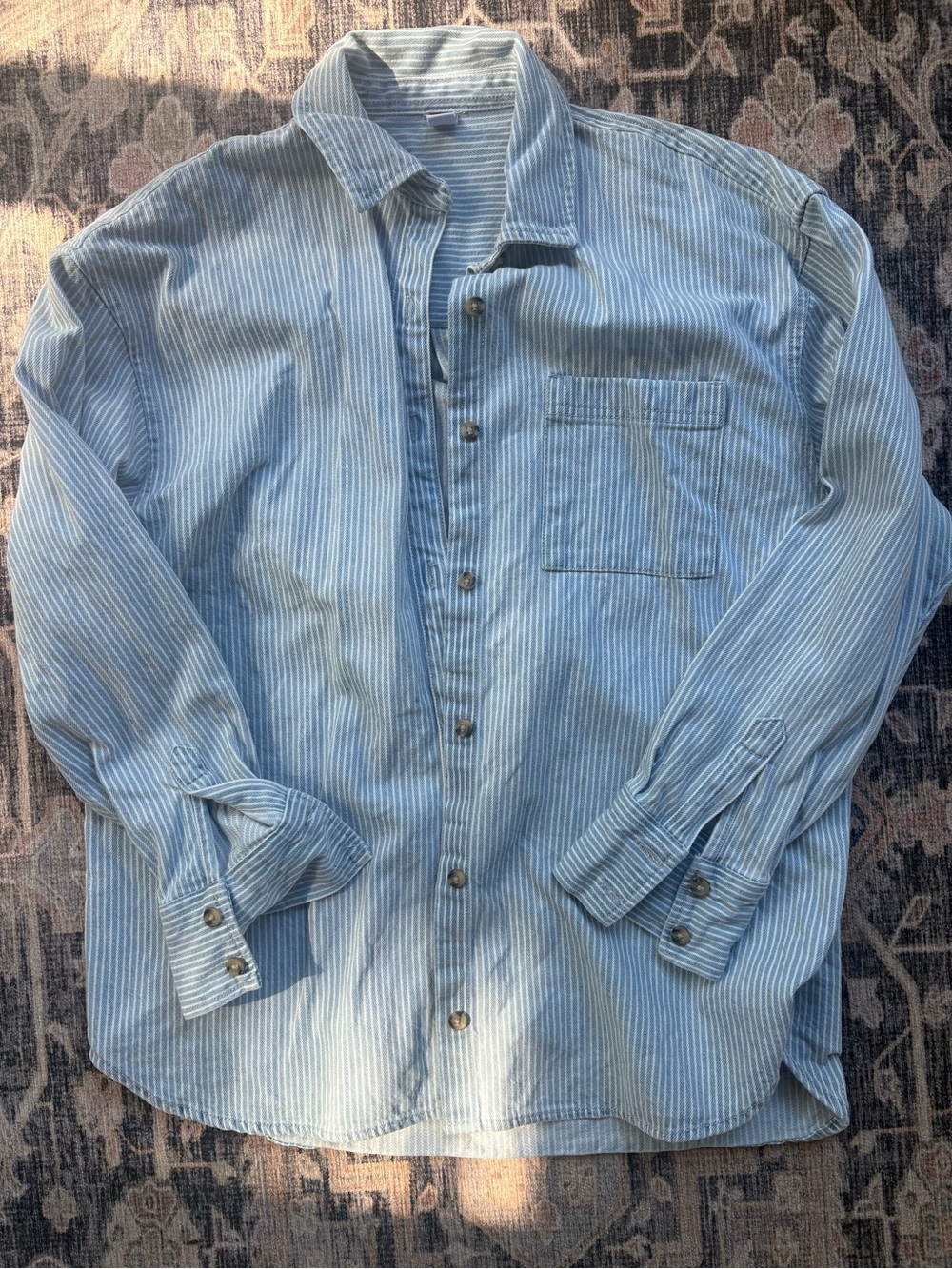 Old Navy Light Blue & White Striped Casual Button-Down Shirt